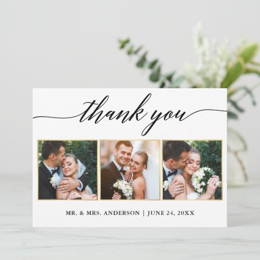 書道金ゴールド結婚フレームの3枚の写真 サンキューカード (スタンド正面)