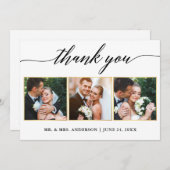 書道金ゴールド結婚フレームの3枚の写真 サンキューカード (正面/裏面)