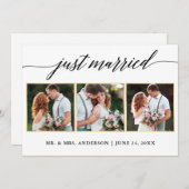 書道金ゴールド3フォトたった今結婚しましたカード サンキューカード (正面/裏面)