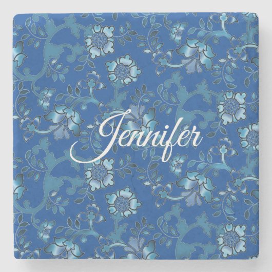 書道青エレガントフローラ名前をカスタムする ストーンコースター (正面)