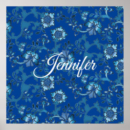 書道青エレガントフローラ名前をカスタムする ポスター