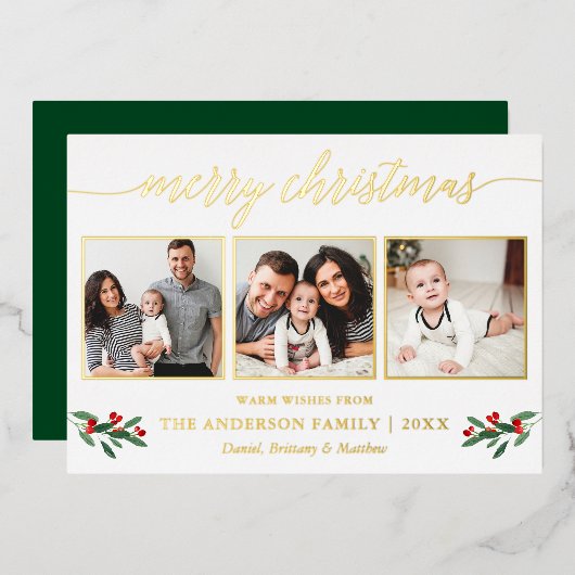 書道3写真クリスマスホリーグリーン金ゴールド 箔シーズンカード (正面/裏面)