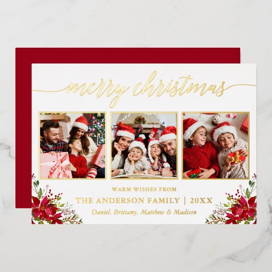 書道3写真クリスマスポインセチア金ゴールド 箔シーズンカード (正面/裏面)