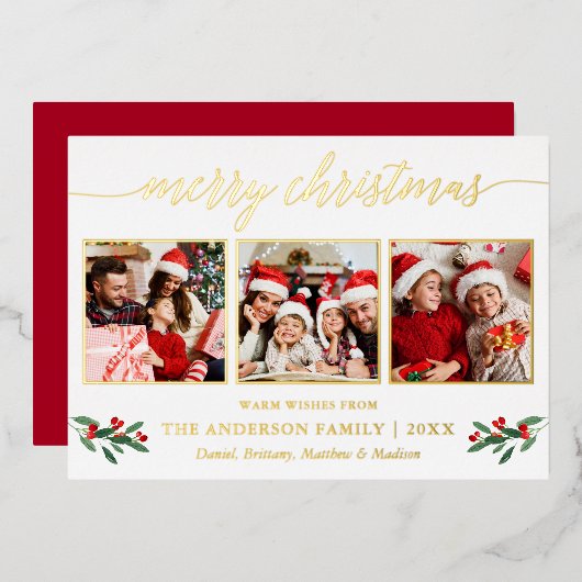 書道3写真クリスマスレッドホリー金ゴールド 箔シーズンカード (正面/裏面)