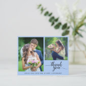 書道3枚結婚写真サンキューライトブルー ポストカード (スタンド正面)