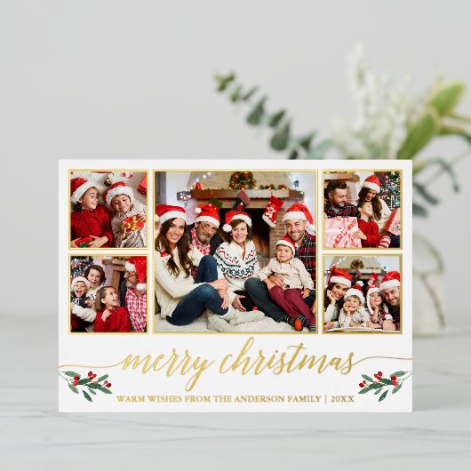 書道5写真家族クリスマスレッド金ゴールド 箔シーズンカード (立ち正面)