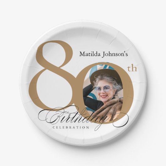 書道80誕生日エレガント金ゴールド白写真 ペーパープレート (正面)