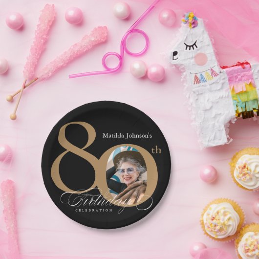 書道80誕生日エレガント金ゴールド黒写真 ペーパープレート (パーティー)