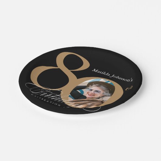 書道80誕生日エレガント金ゴールド黒写真 ペーパープレート (アングル)