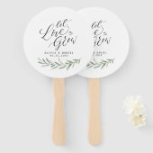 書道「愛を育て」の緑素朴 ハンドファン (正面&裏面)