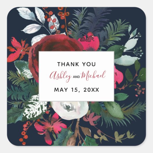 書道+開花 |ブルゴーニュ結婚ー&ネイビーの日付 スクエアシール (正面)