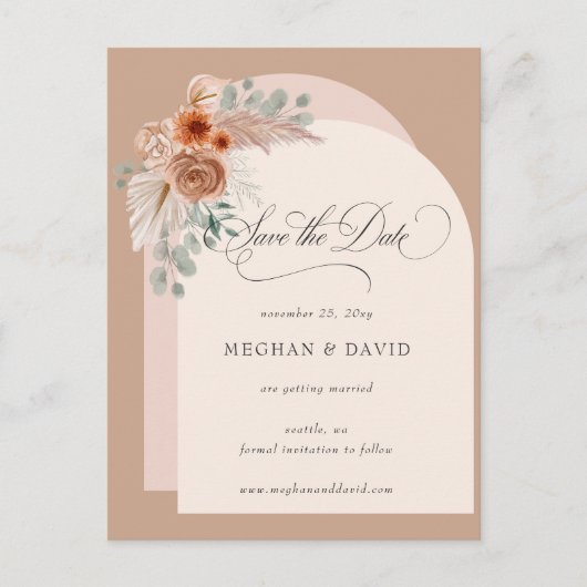 書道Boho Terracotta Pampas日付を保存 案内ポストカード (正面)