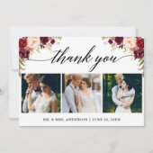 書道Burgundyフローラ結婚の3枚の写真 サンキューカード (正面)