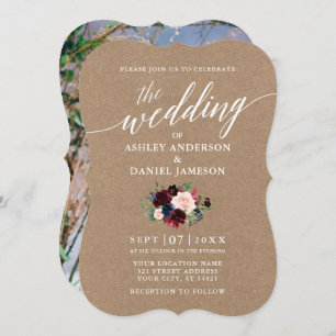 書道Burgundyブルーフローラクラフト写真 招待状