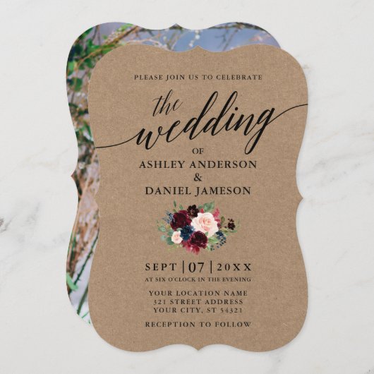 書道Burgundyブルーフローラ写真クラフト 招待状 (正面/裏面)