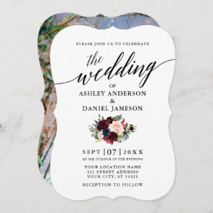 書道Burgundy青フローラ写真結婚の 招待状