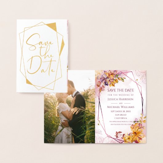 書道Geometric Marsala写真Save The Date 箔カード (ディスプレー)