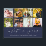 書道What a Year Navy Blue Photo Collage シーズンポストカード<br><div class="desc">このホリデーカードを使用して、あなたの友人や家族にその過去年に起こった重要なイベントを参照させる。卒業式、初日、誕生日、新生児など重要なイベントを取り入れることができる写真のスロットが8つ。</div>
