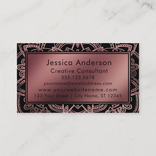 曼荼羅および黒上のばら色の金ゴールドホイルのバッジ 名刺 (裏面)