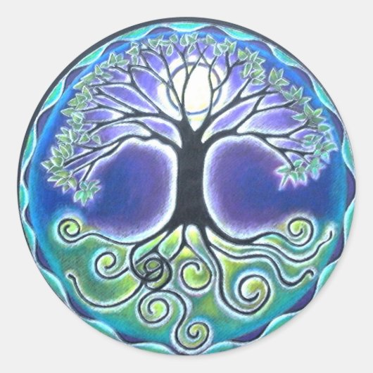曼荼羅のステッカー春時間満月の生命の樹 ラウンドシール (正面)