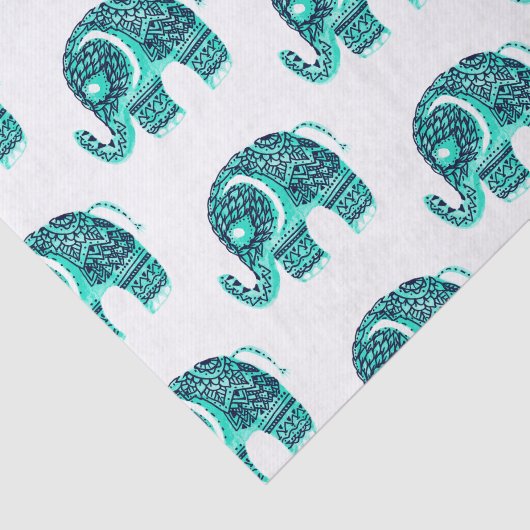 曼荼羅のティール（緑がかった色）の水彩画の花のhennaのかわいい象 薄葉紙 (詳細)