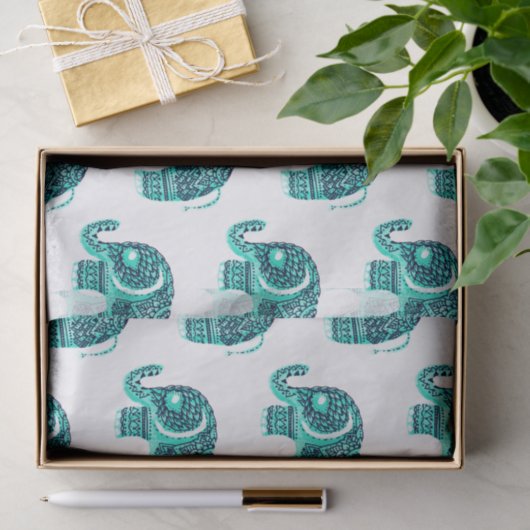 曼荼羅のティール（緑がかった色）の水彩画の花のhennaのかわいい象 薄葉紙 (ギフト)