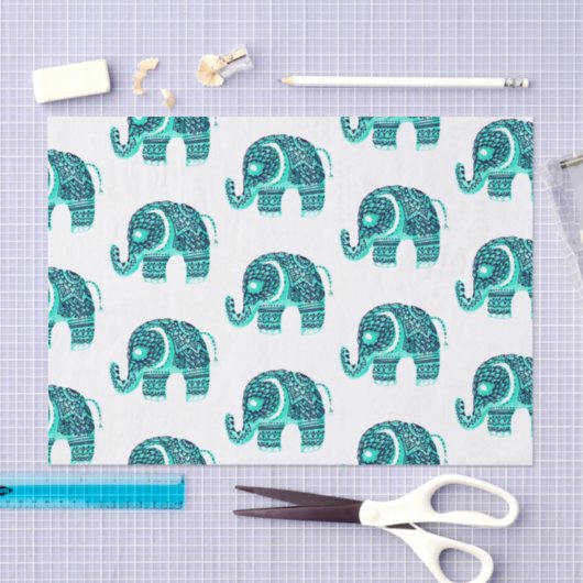 曼荼羅のティール（緑がかった色）の水彩画の花のhennaのかわいい象 薄葉紙 (クラフト)