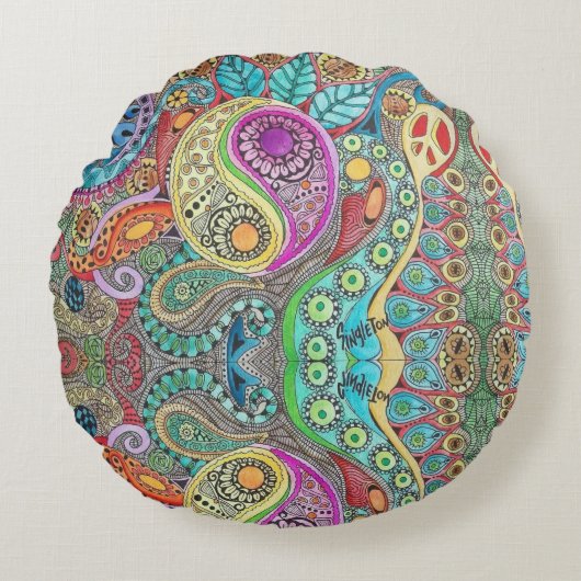 曼荼羅のデザインのボヘミアの腰回りが大きな円形のクッション ラウンドクッション (正面)