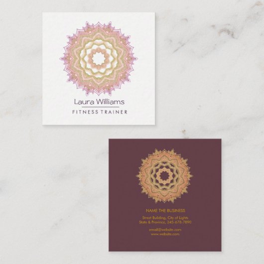 曼荼羅のヴィンテージのはすばら色の金ゴールドのヨガのインストラクター スクエア名刺 (正面/裏面)
