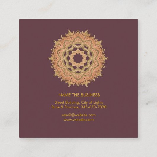 曼荼羅のヴィンテージのはすばら色の金ゴールドのヨガのインストラクター スクエア名刺 (裏面)