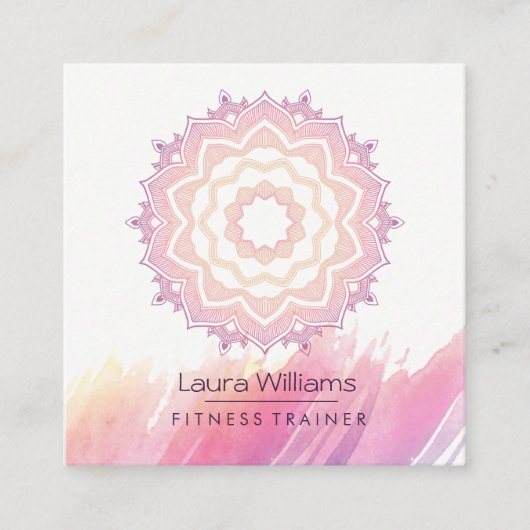 曼荼羅の水彩画のピンクのはすヨガのインストラクター スクエア名刺 (正面)