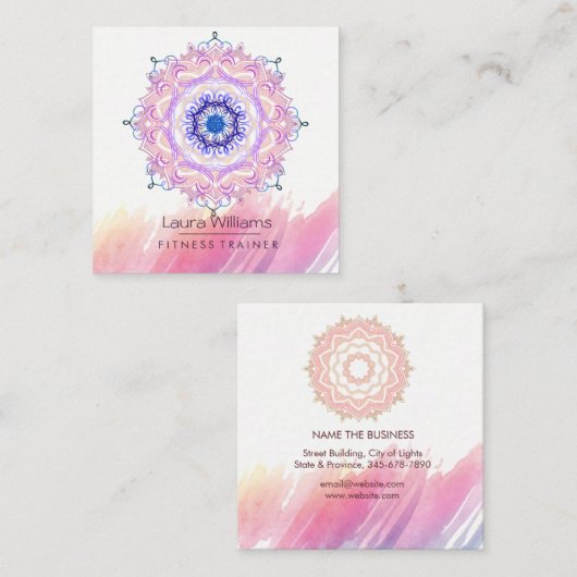 曼荼羅の水彩画のピンクのはすヨガのインストラクター スクエア名刺 (正面/裏面)