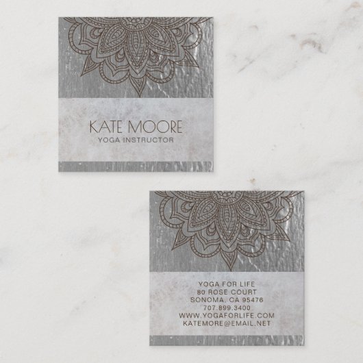 曼荼羅の金属銀製のヨガ スクエア名刺 (正面/裏面)