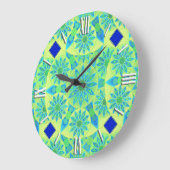 曼荼羅パターン、ターコイズ、青、ライムグリーン ラージ壁時計 (傾斜)