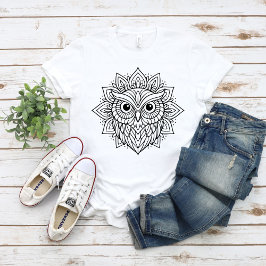 曼荼羅フクロウのヘッドラインアート Tシャツ