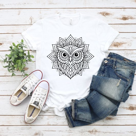 曼荼羅フクロウのヘッドラインアート Tシャツ