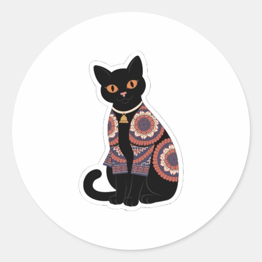曼荼羅黒猫ベル首輪ステッカー ラウンドシール (正面)
