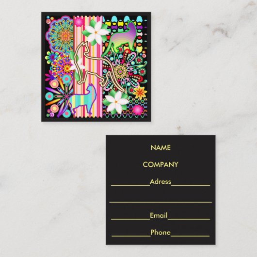 曼荼羅、猫及び花のファンタジーパターン スクエア名刺 (正面/裏面)