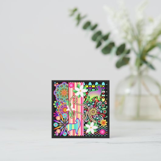 曼荼羅、猫及び花のファンタジーパターン スクエア名刺 (スタンド正面)