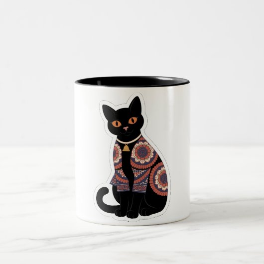 曼荼羅 黒猫 ベル首輪 コーヒーマグ ツートーンマグカップ (中央)