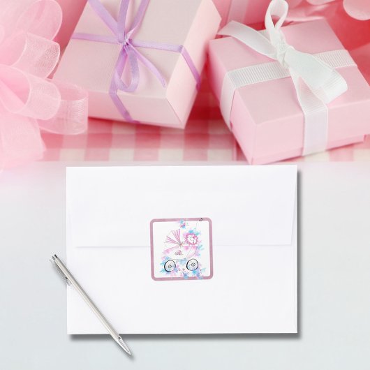 最もかわいいピンクアクアの赤ちゃんがベビーカーに乗った水彩線画 スクエアシール