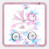 最もかわいいピンクアクアの赤ちゃんがベビーカーに乗った水彩線画 スクエアシール (正面)