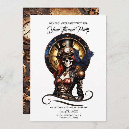 最もキュートなスチームパンクのスケルトン 招待状 (正面/裏面)