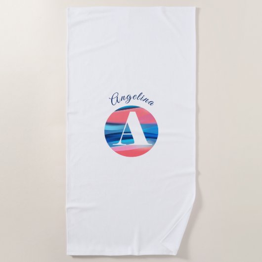 最もキュートなラグジュアリーコーラルブルーレター名A ホワイト ビーチタオル (正面)