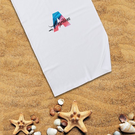 最もキュートなラグジュアリー コーラルブルーイニシャルネームA ホワイト ビーチタオル