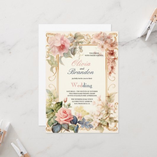 最もモダン花エレガントの結婚花 招待状 (正面/裏面インサイチュ)