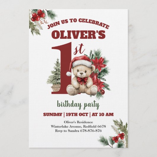 最もワンダフルなクリスマスの1歳の誕生日パーティー 招待状 (正面)
