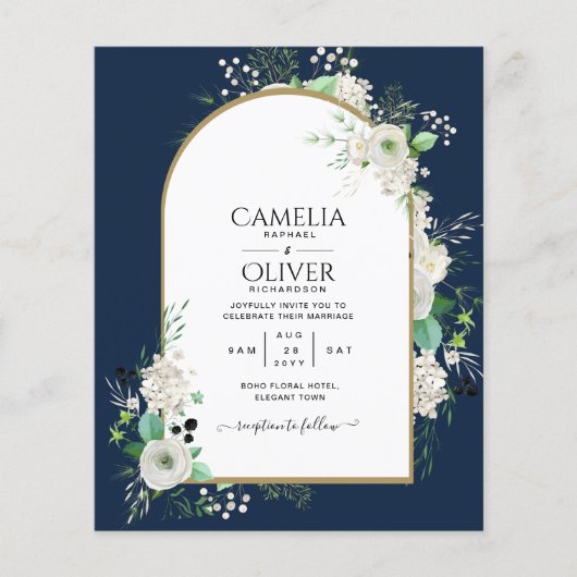 最も低予算のホワイトローズのウェディング招待状のアーチ チラシ (正面)