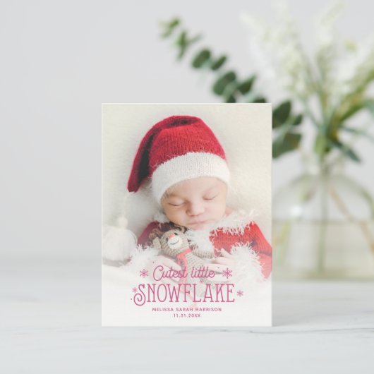 最も可愛い小さなスノーフレーク写真の誕生の発表 シーズンポストカード (スタンド正面)