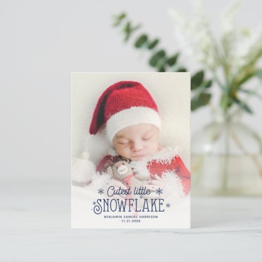 最も可愛い小さなスノーフレーク写真の誕生の発表 シーズンポストカード (スタンド正面)